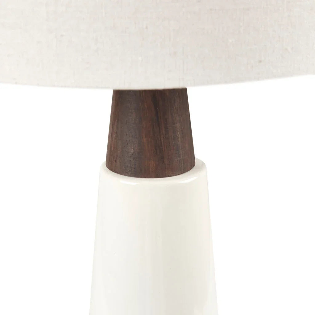 Ceramic & Wood Table Lamp – Two-Tone Conical Base, Cream Drum Shade & LED Bulb Included | Mid-Century Modern