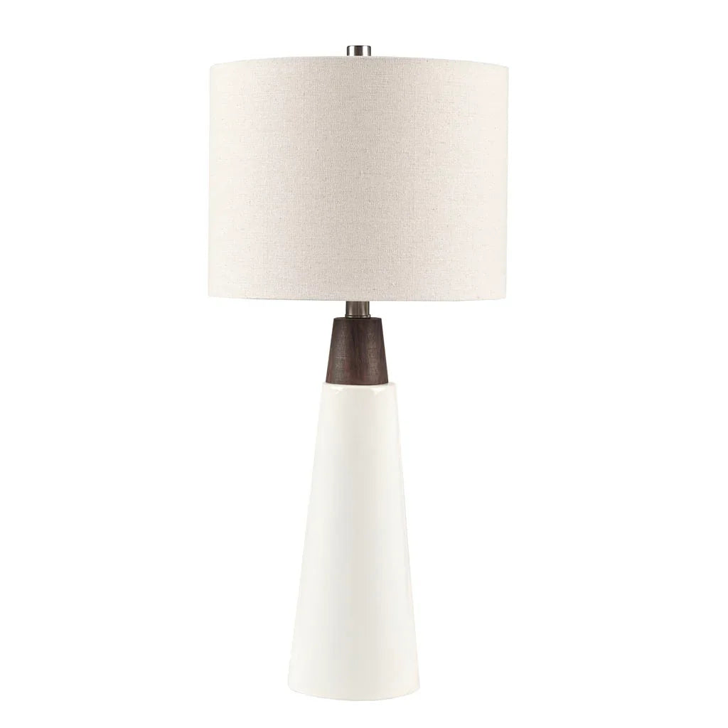 Ceramic & Wood Table Lamp – Two-Tone Conical Base, Cream Drum Shade & LED Bulb Included | Mid-Century Modern