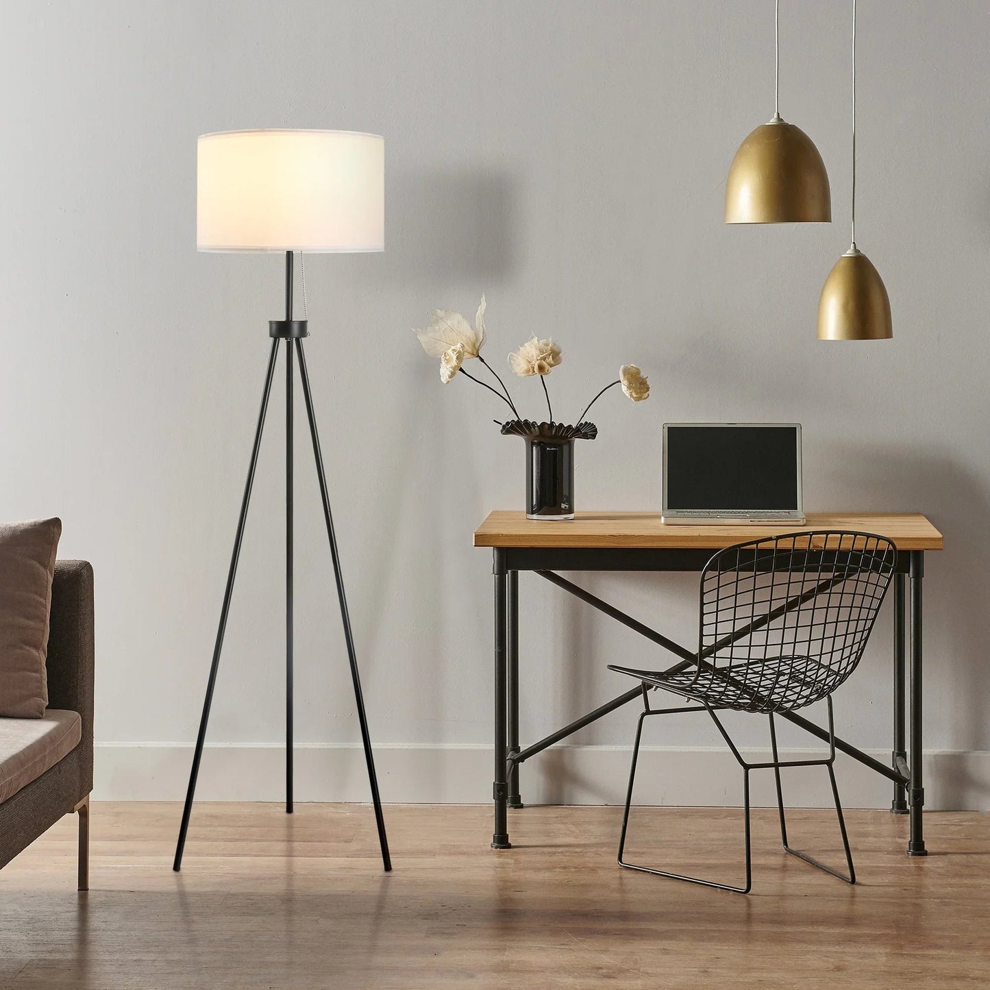 Tripod Floor Lamp – Steel Frame, Fabric Shade, Pull Chain Switch & E26 Base | Home & Office Standing Lamp