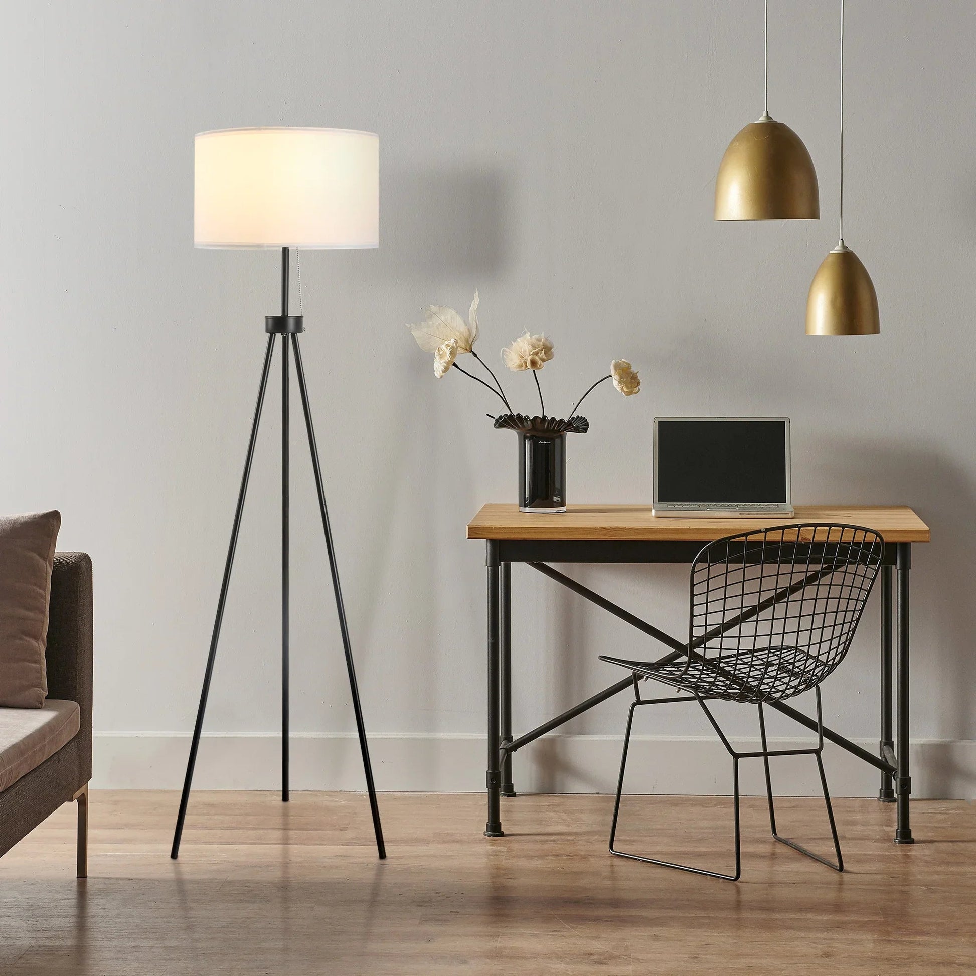 Tripod Floor Lamp – Steel Frame, Fabric Shade, Pull Chain Switch & E26 Base | Home & Office Standing Lamp