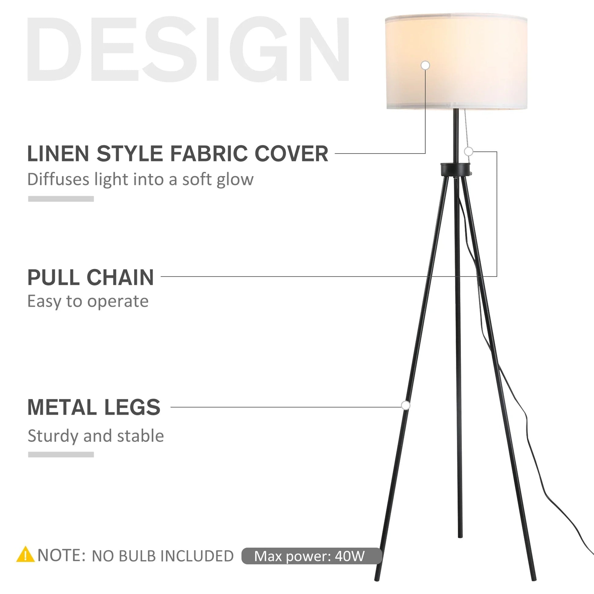 Tripod Floor Lamp – Steel Frame, Fabric Shade, Pull Chain Switch & E26 Base | Home & Office Standing Lamp