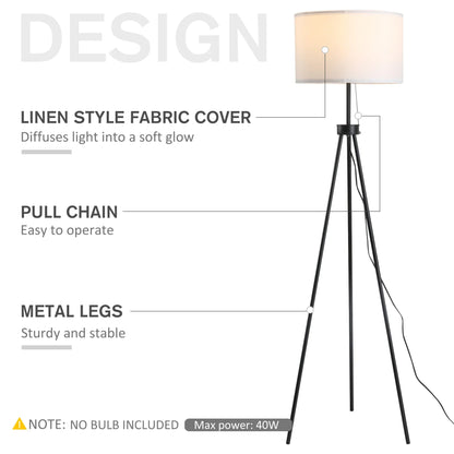 Tripod Floor Lamp – Steel Frame, Fabric Shade, Pull Chain Switch & E26 Base | Home & Office Standing Lamp