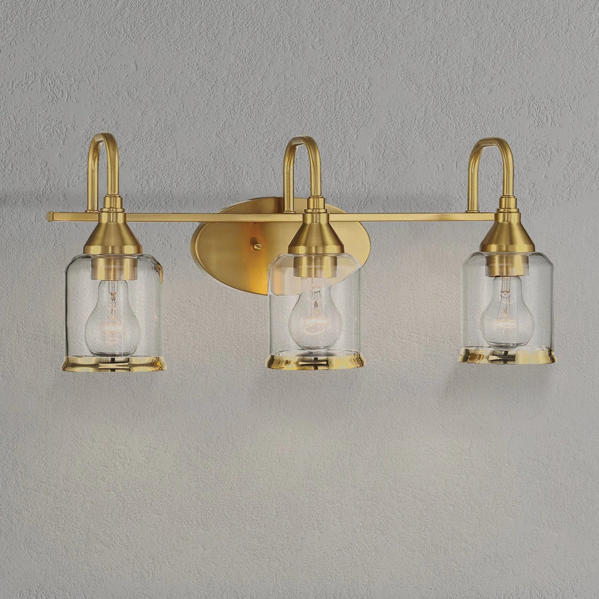 Brushed Gold Vanity Light | 3-Light Contemporary Wall Sconce with Clear Glass Shades — Bathroom, Dining Room & Entryway Fixture