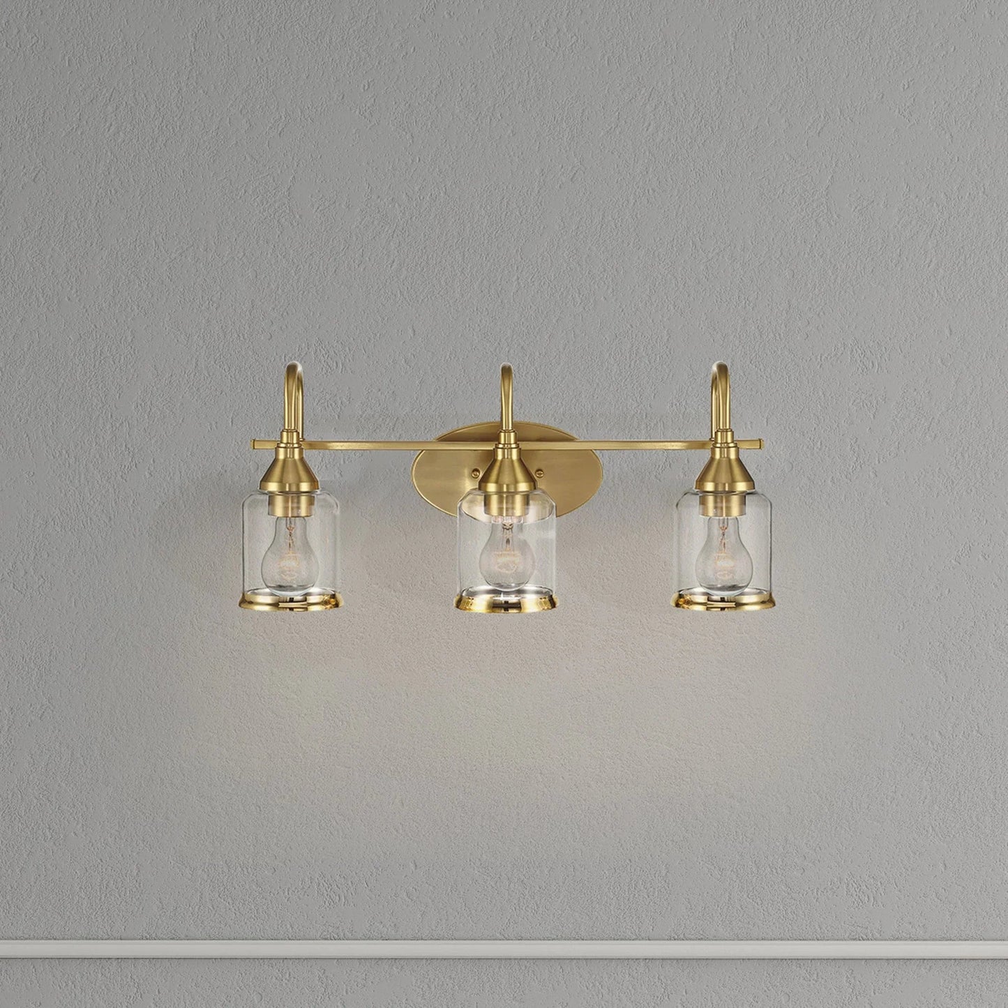 Brushed Gold Vanity Light | 3-Light Contemporary Wall Sconce with Clear Glass Shades — Bathroom, Dining Room & Entryway Fixture