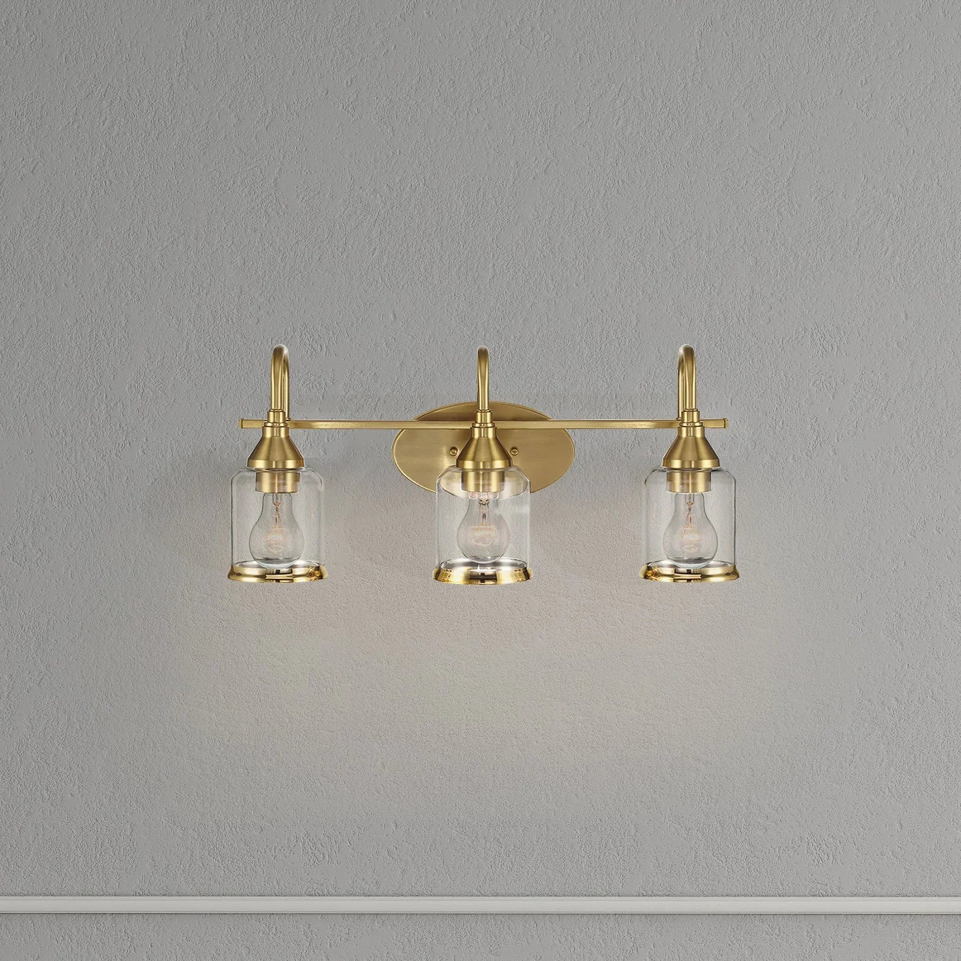 Brushed Gold Vanity Light | 3-Light Contemporary Wall Sconce with Clear Glass Shades — Bathroom, Dining Room & Entryway Fixture