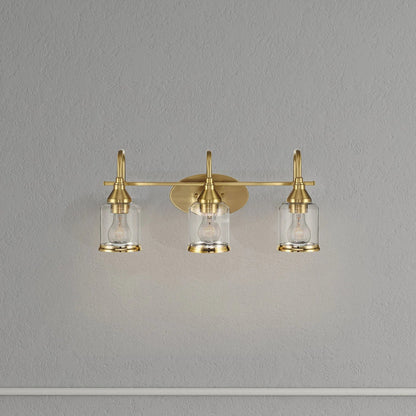 Brushed Gold Vanity Light | 3-Light Contemporary Wall Sconce with Clear Glass Shades — Bathroom, Dining Room & Entryway Fixture