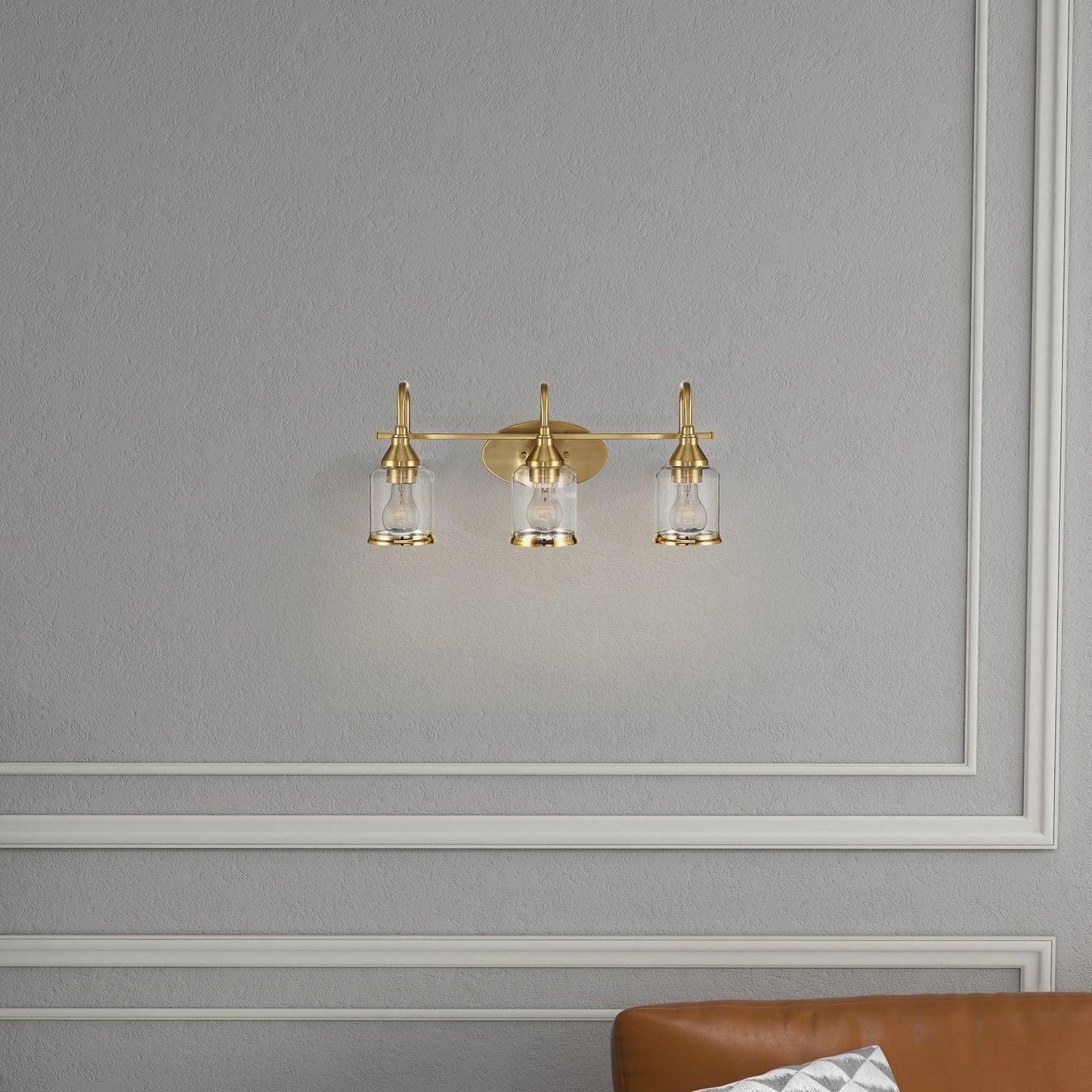 Brushed Gold Vanity Light | 3-Light Contemporary Wall Sconce with Clear Glass Shades — Bathroom, Dining Room & Entryway Fixture