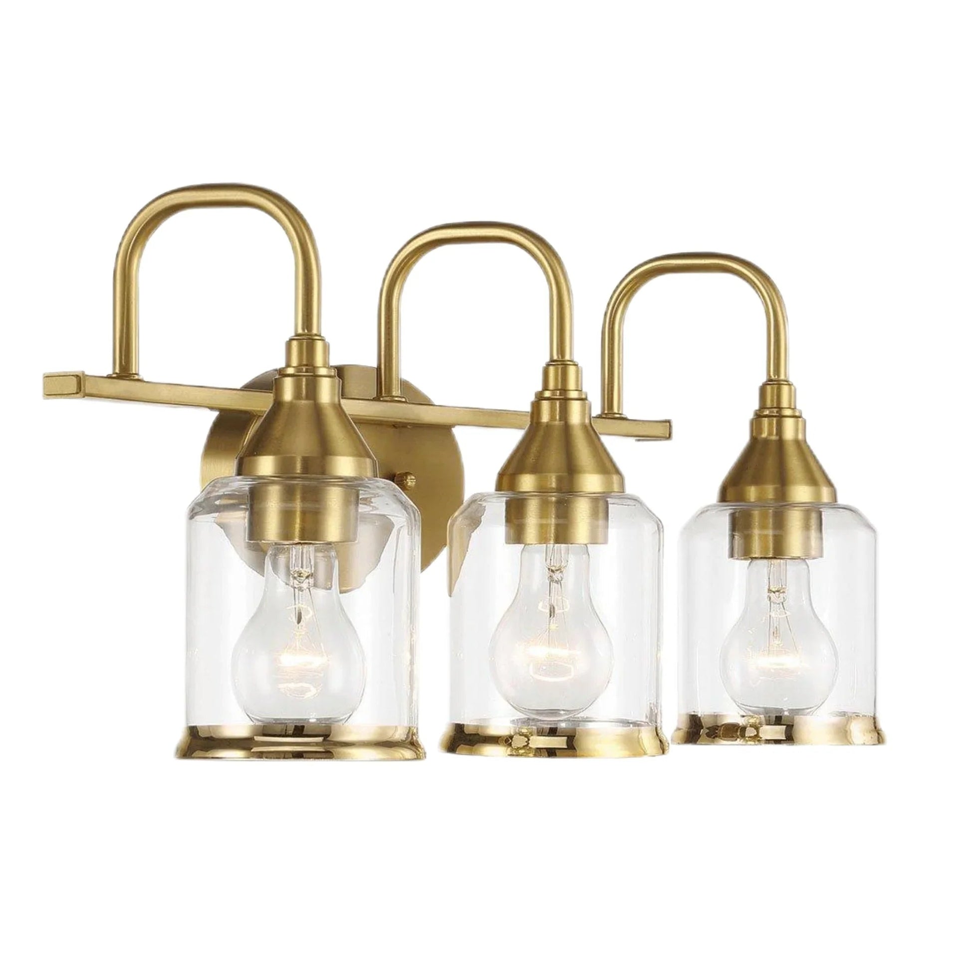 Brushed Gold Vanity Light | 3-Light Contemporary Wall Sconce with Clear Glass Shades — Bathroom, Dining Room & Entryway Fixture