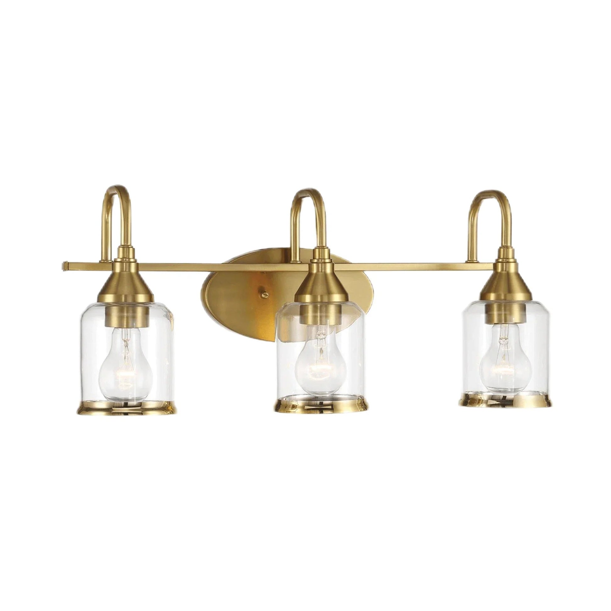 Brushed Gold Vanity Light | 3-Light Contemporary Wall Sconce with Clear Glass Shades — Bathroom, Dining Room & Entryway Fixture