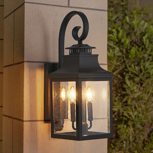 Outdoor Wall Lantern – Vintage Black Aluminum, Clear Seeded Glass & 2x E12 Sockets | Weatherproof Wall Sconce