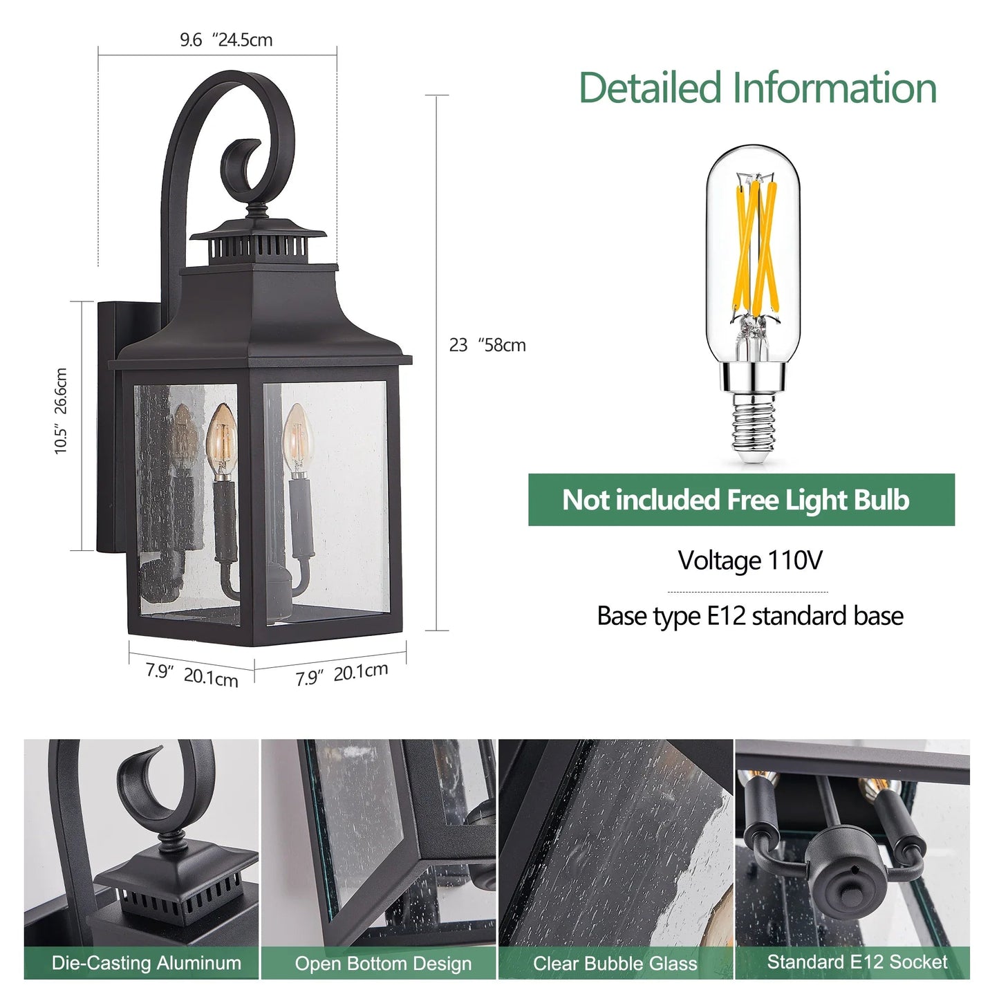 Outdoor Wall Lantern – Vintage Black Aluminum, Clear Seeded Glass & 2x E12 Sockets | Weatherproof Wall Sconce
