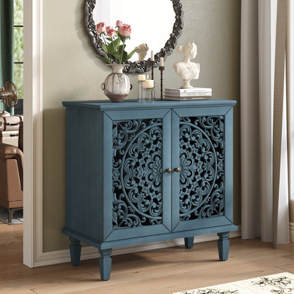 Vintage Hollow-Carved Accent Cabinet | 2-Door Storage Sideboard with Floral Detail & Solid Wood Legs