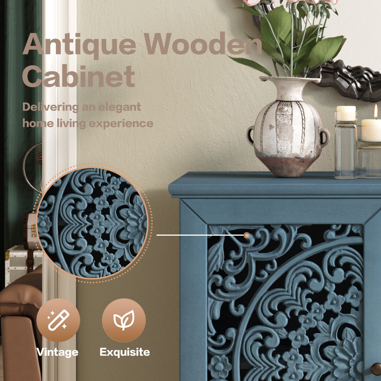 Vintage Hollow-Carved Accent Cabinet | 2-Door Storage Sideboard with Floral Detail & Solid Wood Legs