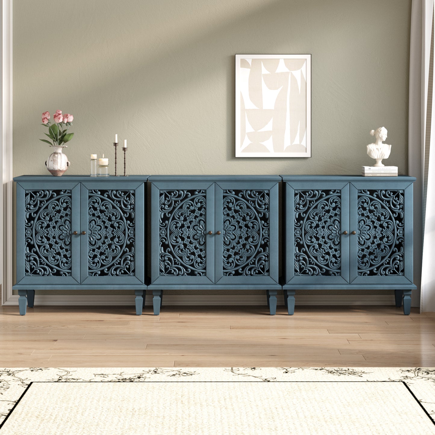 Vintage Hollow-Carved Accent Cabinet | 2-Door Storage Sideboard with Floral Detail & Solid Wood Legs