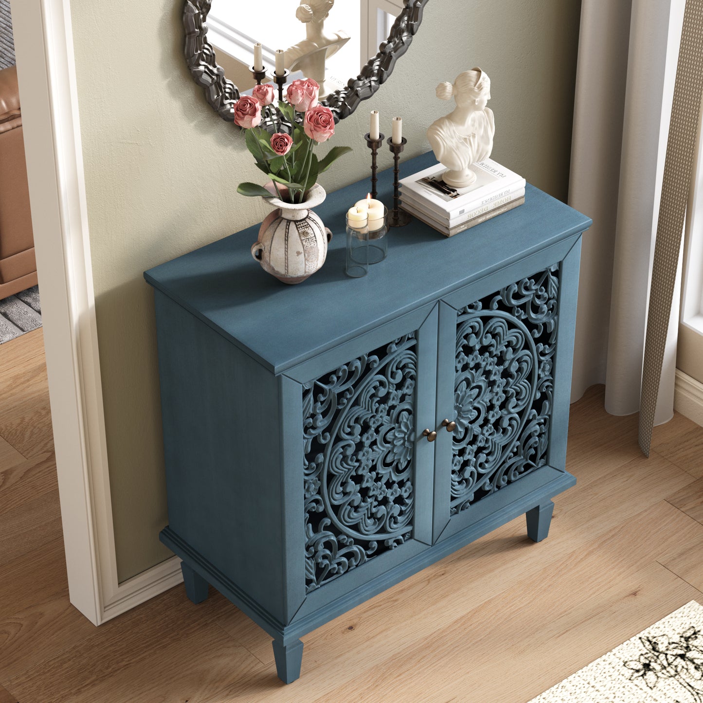 Vintage Hollow-Carved Accent Cabinet | 2-Door Storage Sideboard with Floral Detail & Solid Wood Legs