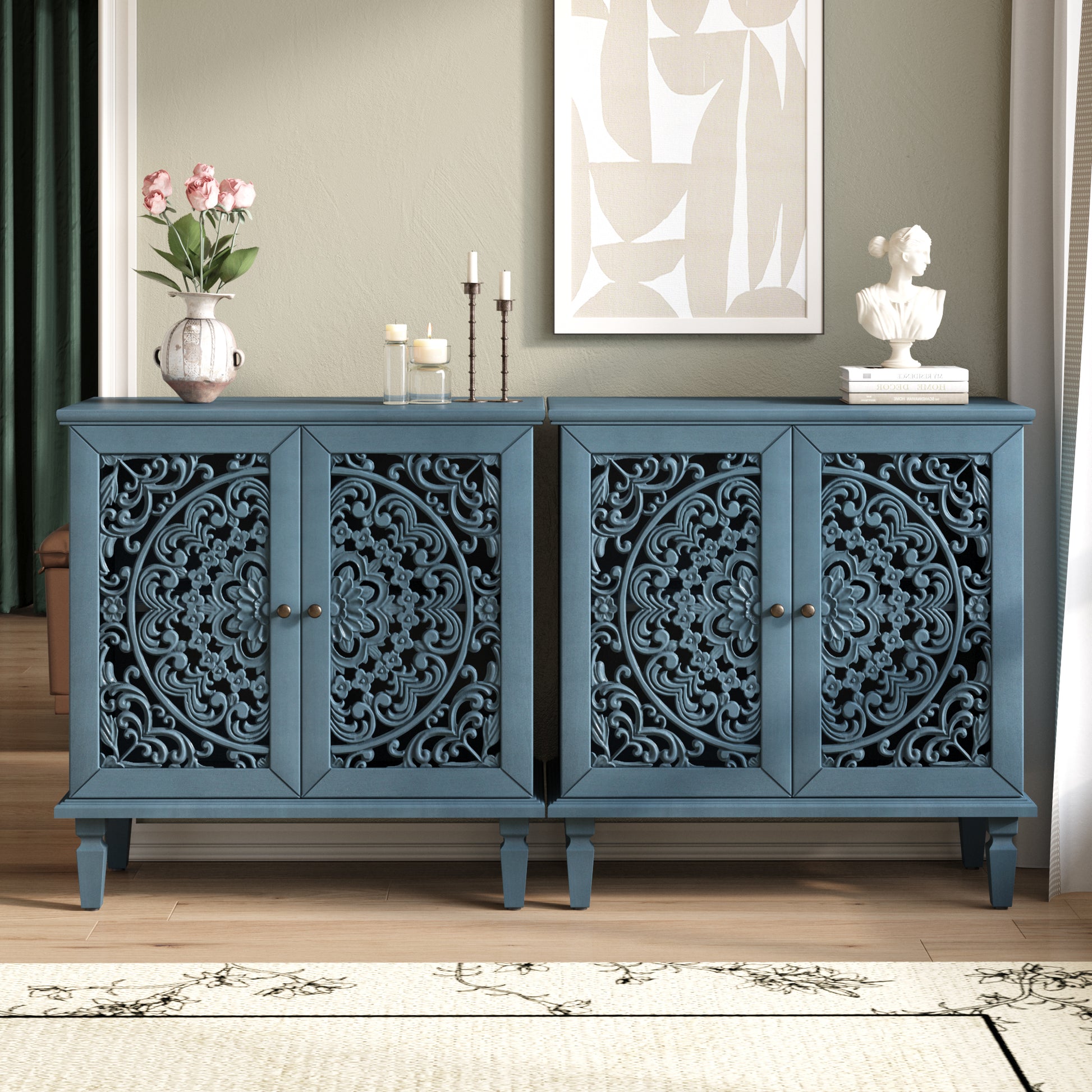 Vintage Hollow-Carved Accent Cabinet | 2-Door Storage Sideboard with Floral Detail & Solid Wood Legs