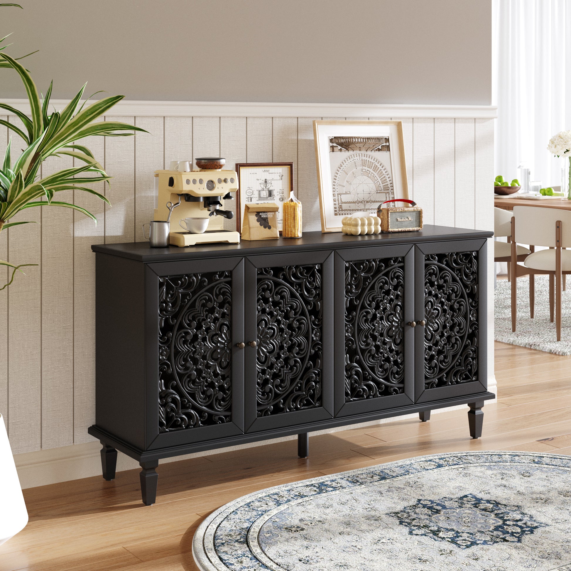 Vintage Hollow-Carved Accent Cabinet | 2-Door Storage Sideboard with Floral Detail & Solid Wood Legs Black / 60 in