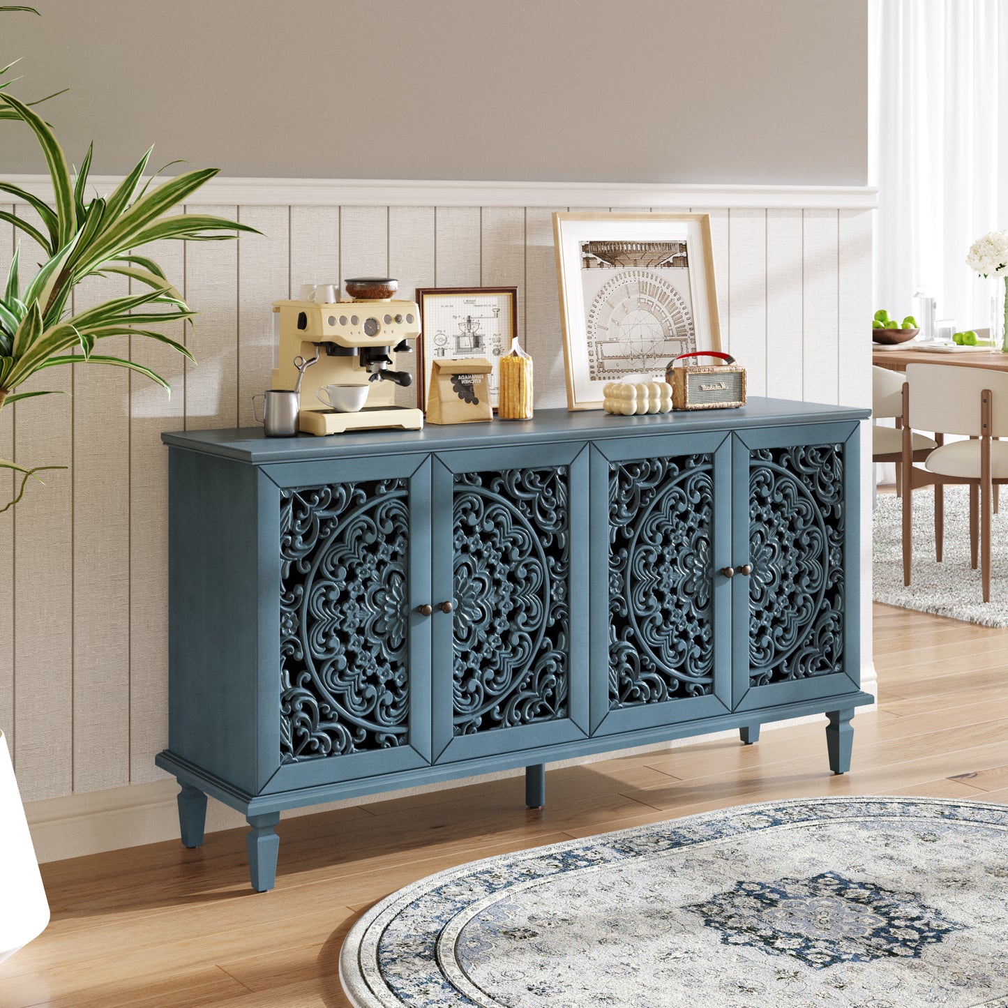 Vintage Hollow-Carved Accent Cabinet | 2-Door Storage Sideboard with Floral Detail & Solid Wood Legs Blue / 60 in