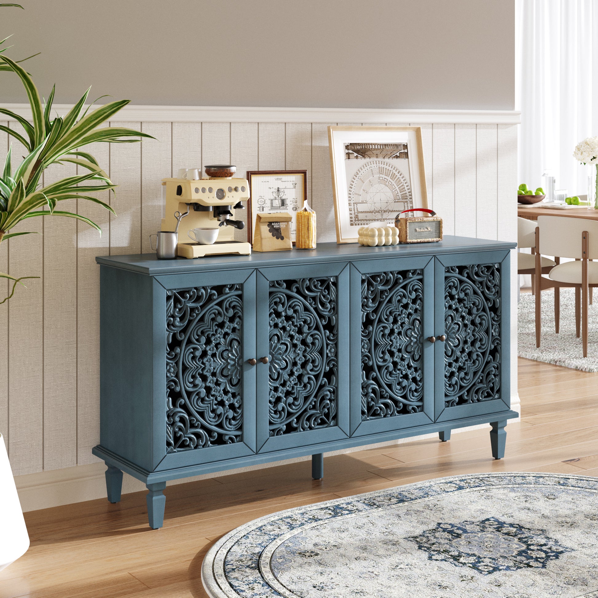 Vintage Hollow-Carved Accent Cabinet | 2-Door Storage Sideboard with Floral Detail & Solid Wood Legs Blue / 60 in