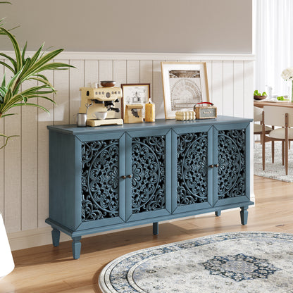 Vintage Hollow-Carved Accent Cabinet | 2-Door Storage Sideboard with Floral Detail & Solid Wood Legs Blue / 60 in