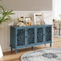 Vintage Hollow-Carved Accent Cabinet | 2-Door Storage Sideboard with Floral Detail & Solid Wood Legs Blue / 60 in