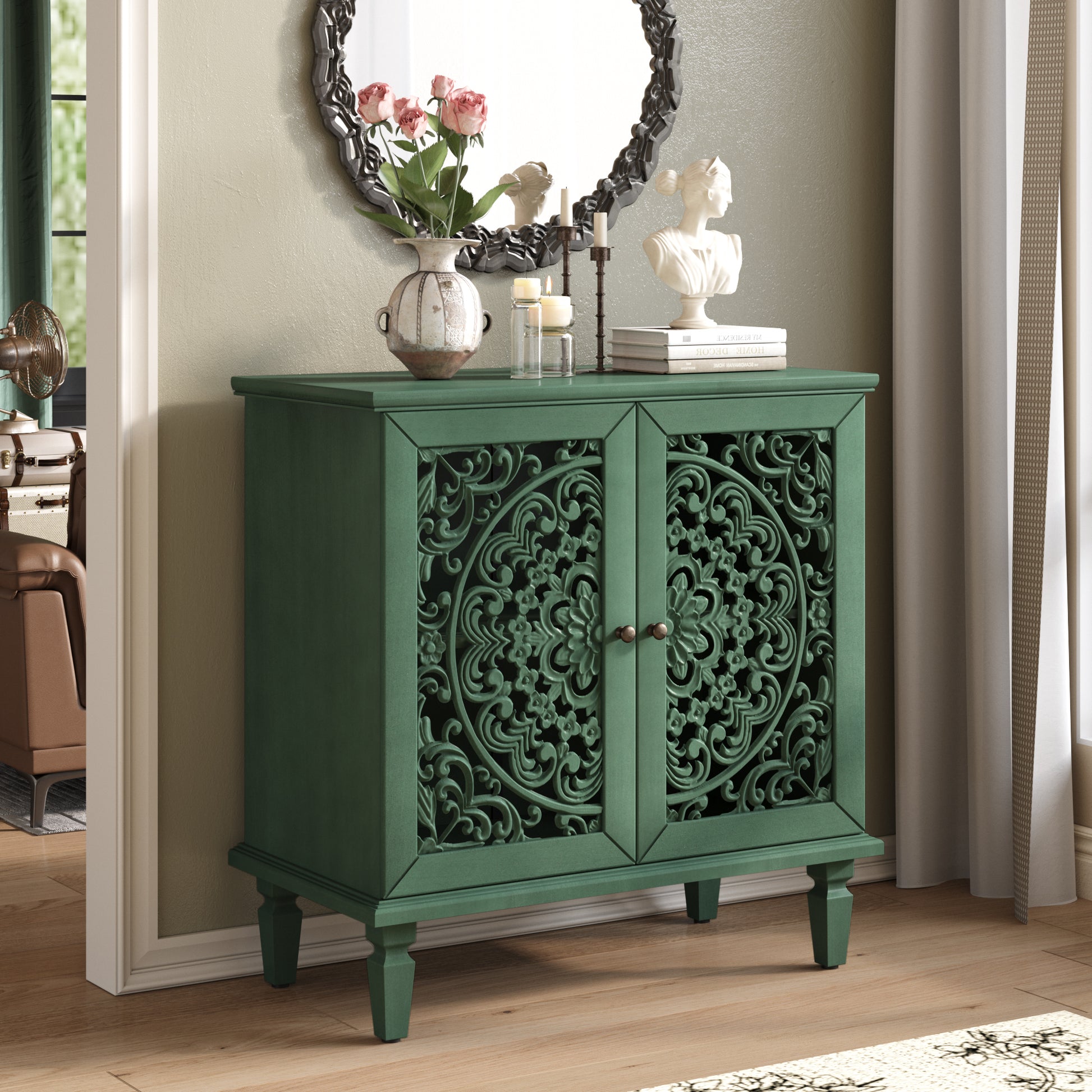 Vintage Hollow-Carved Accent Cabinet | 2-Door Storage Sideboard with Floral Detail & Solid Wood Legs Green / 31.5 in