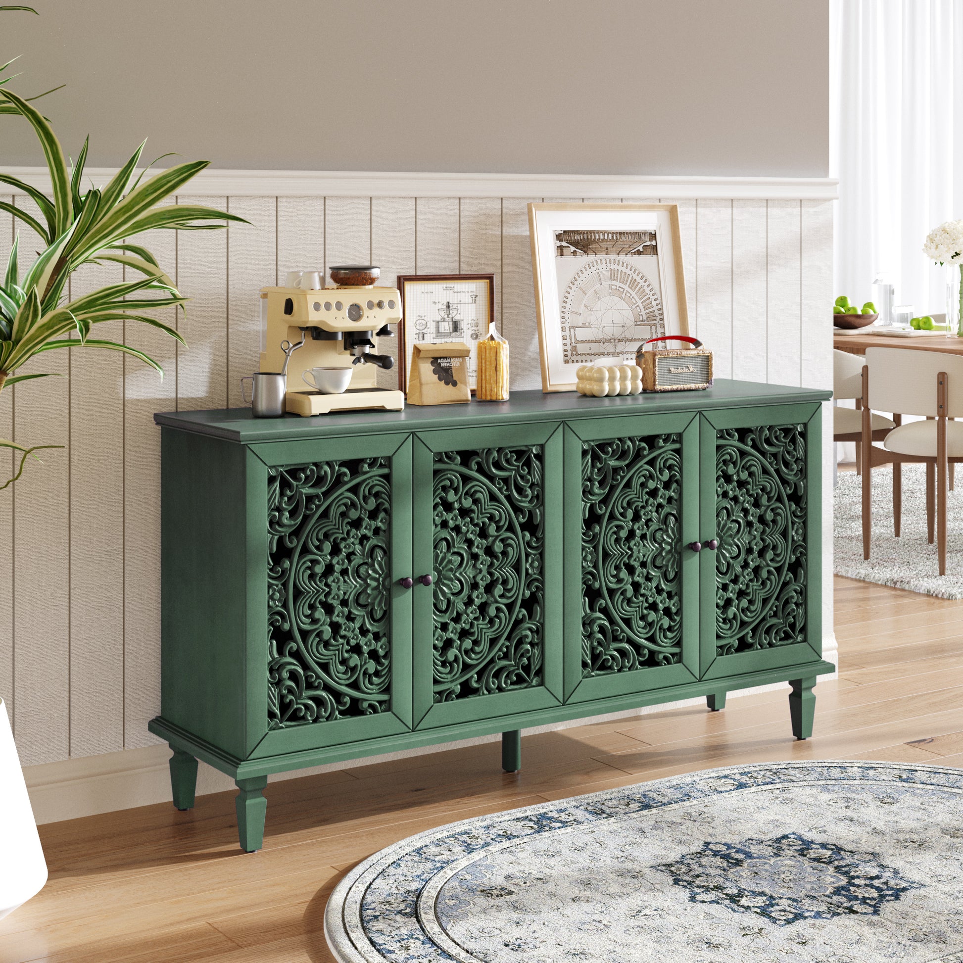 Vintage Hollow-Carved Accent Cabinet | 2-Door Storage Sideboard with Floral Detail & Solid Wood Legs Green / 60 in