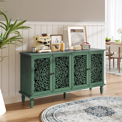 Vintage Hollow-Carved Accent Cabinet | 2-Door Storage Sideboard with Floral Detail & Solid Wood Legs Green / 60 in