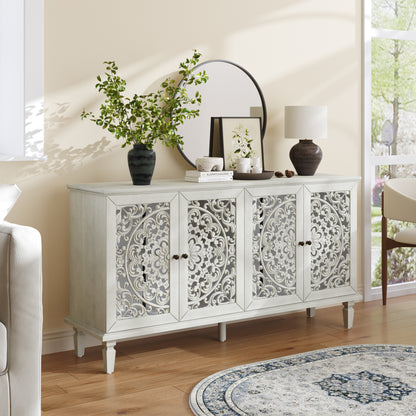 Vintage Hollow-Carved Accent Cabinet | 2-Door Storage Sideboard with Floral Detail & Solid Wood Legs White / 60 in