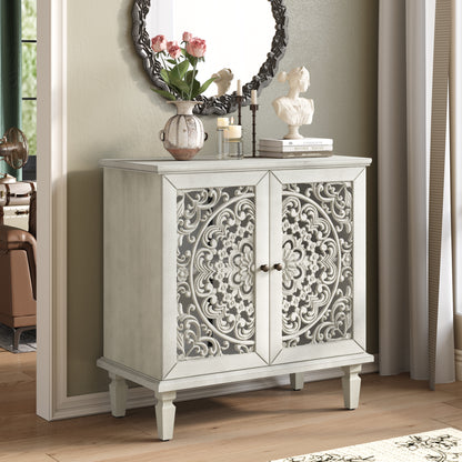 Vintage Hollow-Carved Accent Cabinet | 2-Door Storage Sideboard with Floral Detail & Solid Wood Legs White / 31.5 in