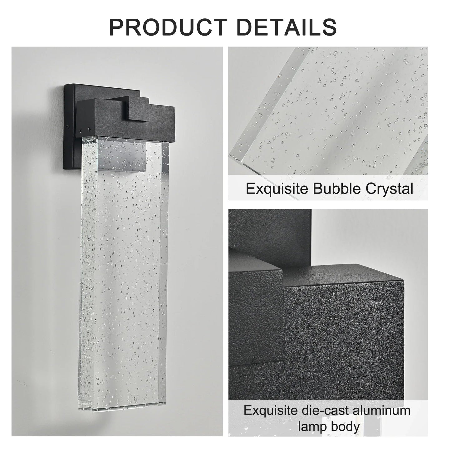 Modern Outdoor LED Wall Sconce – Bubble Crystal Up & Down Light, Weatherproof Black Frame | Porch & Patio
