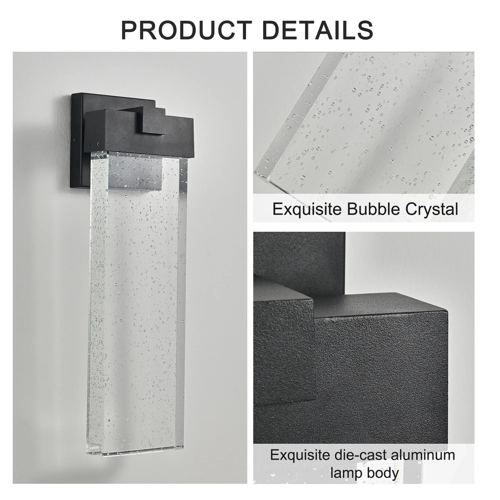 Modern Outdoor LED Wall Sconce – Bubble Crystal Up & Down Light, Weatherproof Black Frame | Porch & Patio