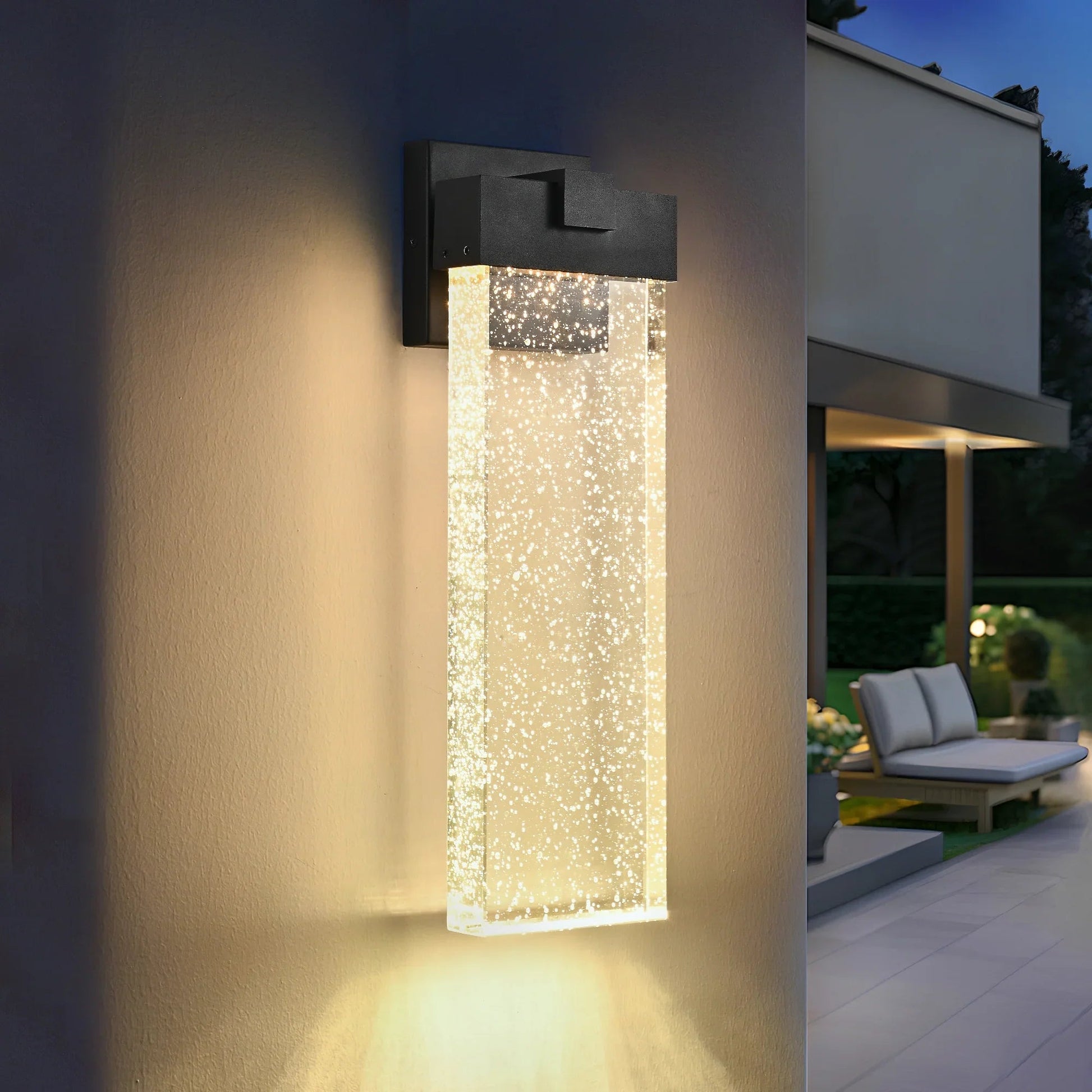 Modern Outdoor LED Wall Sconce – Bubble Crystal Up & Down Light, Weatherproof Black Frame | Porch & Patio
