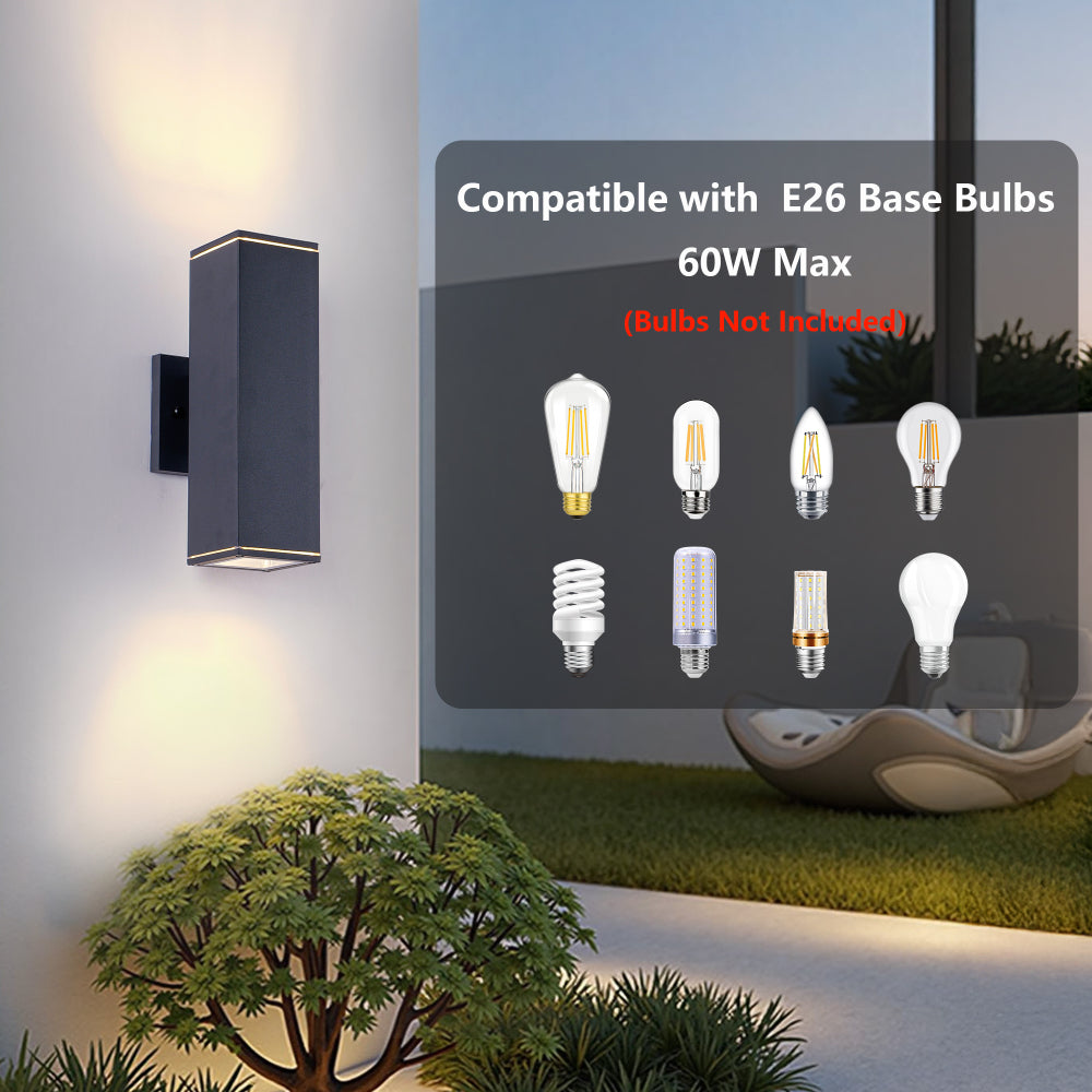 Modern Square Outdoor Wall Light | Up & Down Cylinder Aluminum Sconce — 3 Sizes, Waterproof Exterior Light for Porch, Patio & Garage (2-Pack)