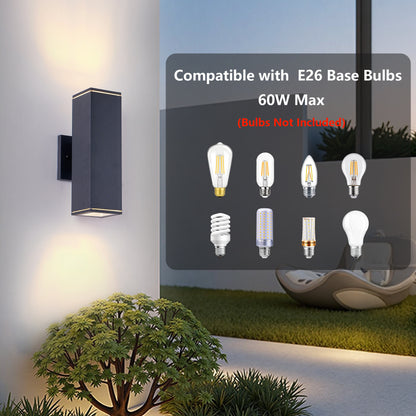 Modern Square Outdoor Wall Light | Up & Down Cylinder Aluminum Sconce — 3 Sizes, Waterproof Exterior Light for Porch, Patio & Garage (2-Pack)