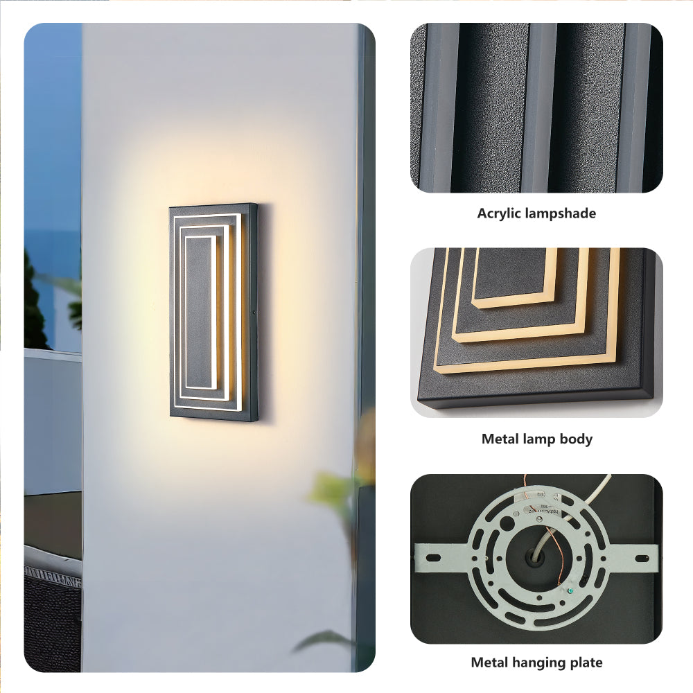 3-Tier LED Outdoor Wall Sconce | Modern Black Exterior Light with Acrylic Shade — 15.7" or 23.6", 24W Warm White, 2-Pack