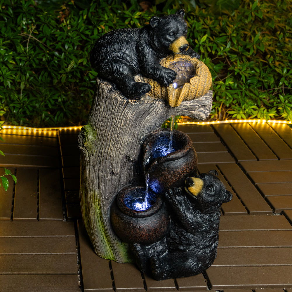 Bear Outdoor Water Fountain with LED Lights | 23.62" Cascading Garden Fountain with Climbing Bear Design — Patio, Yard & Balcony