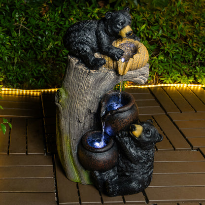 Bear Outdoor Water Fountain with LED Lights | 23.62" Cascading Garden Fountain with Climbing Bear Design — Patio, Yard & Balcony