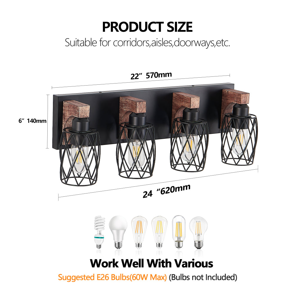 4-light industrial black metal cage wall sconce with wood accents, 22 inches long, 6 inches high, suitable for hallways and living rooms.