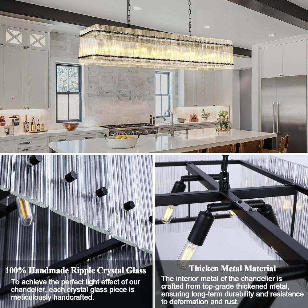 Rectangular Water Ripple Crystal Glass Chandelier in a modern kitchen, with close-ups of handmade ripple crystal glass and thickened metal components.