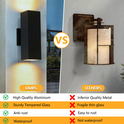 Comparison of modern black outdoor wall sconce (left) with up and down lighting against an older, rusted fixture (right), highlighting the product's high-quality aluminum, tempered glass, anti-rust, and waterproof features.