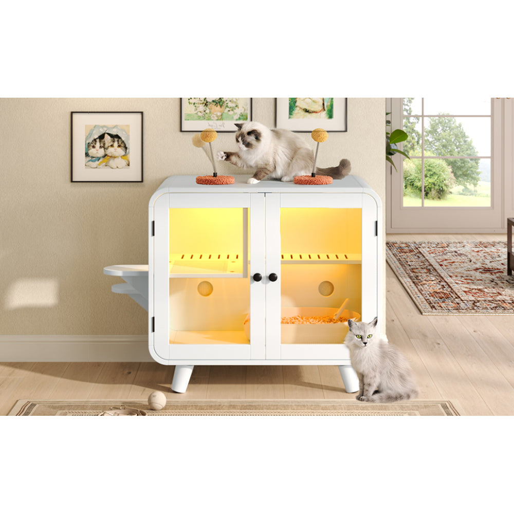 Hidden Cat Litter Box Cabinet – RGB LED, Glass Doors, Litter Walkway & Pom-Pom Toys, White