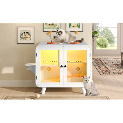 Hidden Cat Litter Box Cabinet – RGB LED, Glass Doors, Litter Walkway & Pom-Pom Toys, White