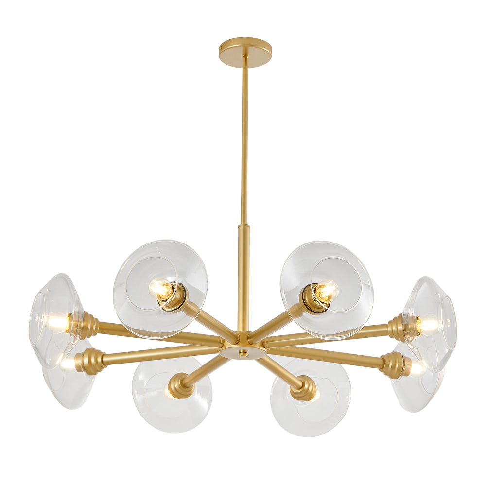 Gold mid-century modern sputnik chandelier with 8 clear glass shades, 8-light pendant on white background