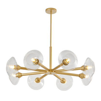 Gold mid-century modern sputnik chandelier with 8 clear glass shades, 8-light pendant on white background