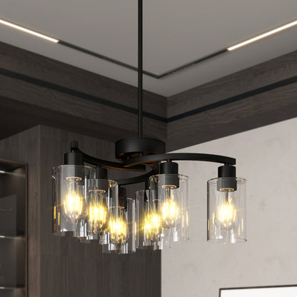 Black Modern Farmhouse 6-light chandelier with clear glass shades, warm Edison bulbs, hanging in a contemporary dining space.
