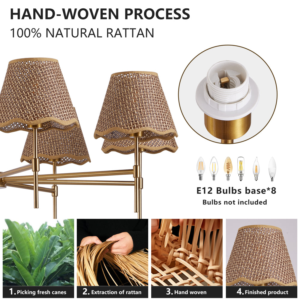 38.6" Gold Boho Rattan Chandelier with 8 hand-woven rattan lampshades, E12 bulb base, and natural rattan material details showing hand-weaving process.