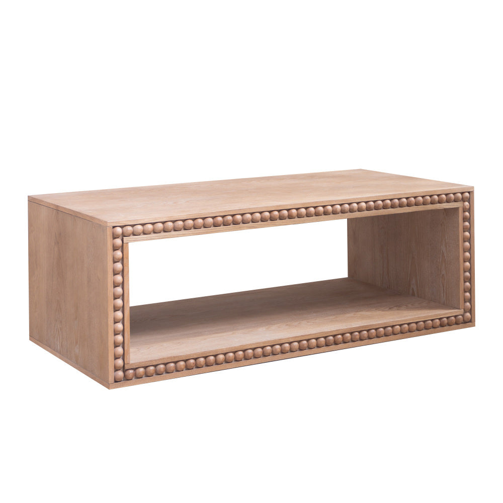 Rustic Beaded Edge Coffee Table with Open Storage Shelf | 47.6" Farmhouse Center Table — Natural Wood Finish