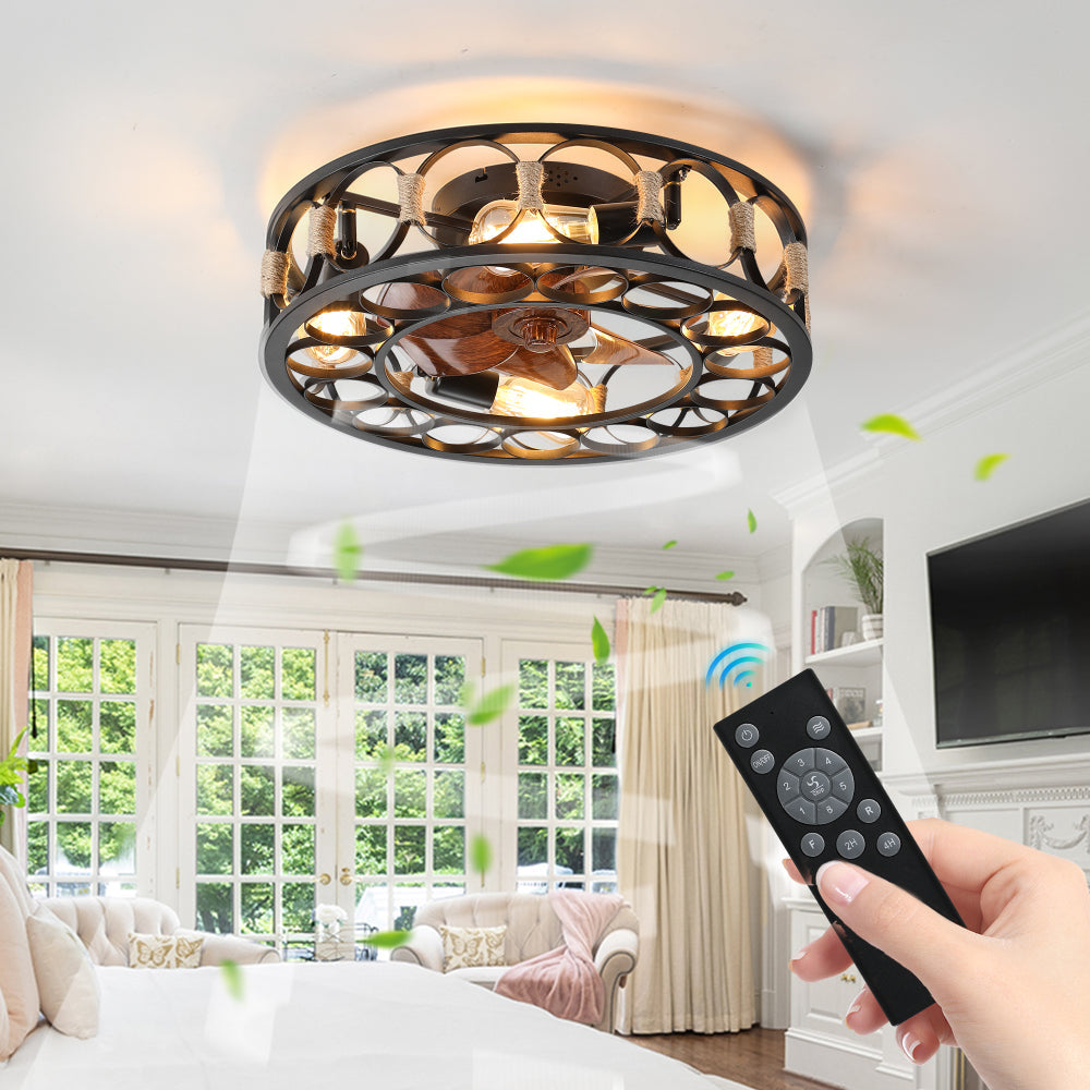 Caged Flush Mount Ceiling Fan with LED Lights & Remote – Farmhouse Matte Black, 6 Speeds & Reversible DC Motor Black
