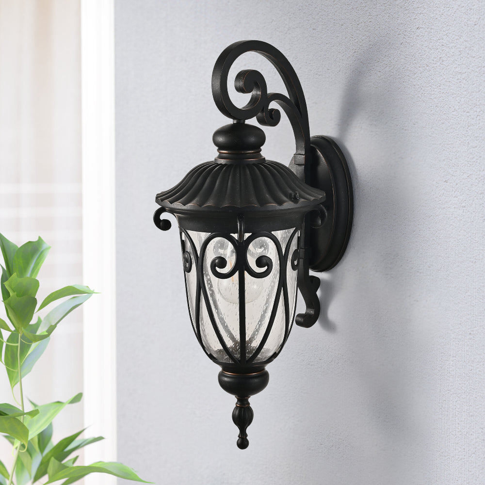 23" Outdoor Wall Lantern, Black Vintage Wall Sconce with Bubble Glass, Weatherproof Exterior Light Fixture for Porch, Patio & Entryway
